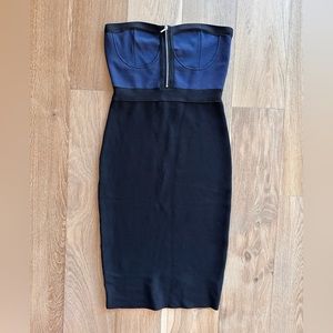 New Bebe bandage bustier slim front zipper strapless black blue midi bra dress M